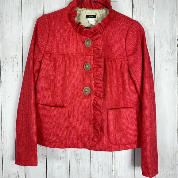 J. Crew Womens Blazer Jacket Size 0 Wool Ruffles Coral Red 3 Button - Picture 1 of 11